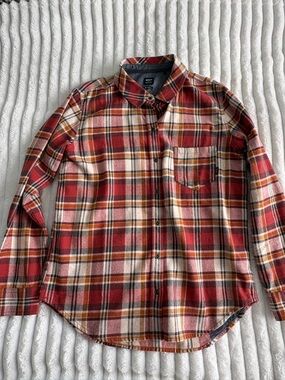 Prana Red Plaid Button-Down Shirt with Cream and Brown Accents